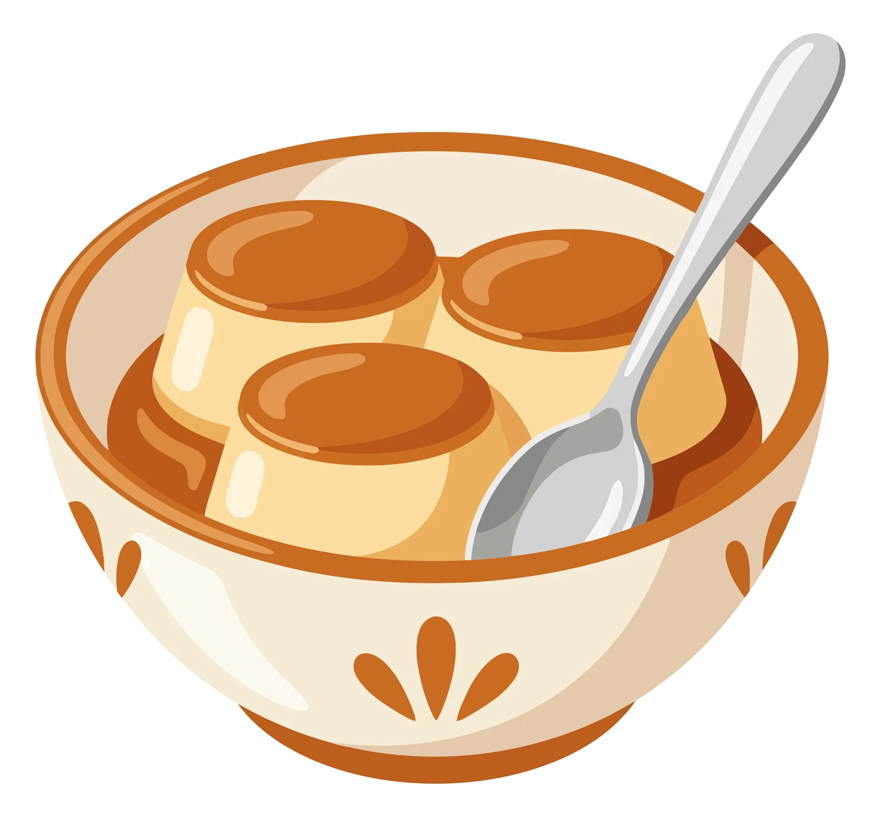 illustration of three creamy caramel custard puddings served in a decorative ceramic bowl with a silver spoon