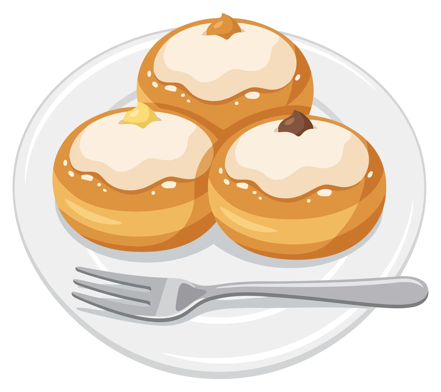 illustration of three delicious sufganiyot doughnuts with cream filling and different toppings on a white plate with a fork
