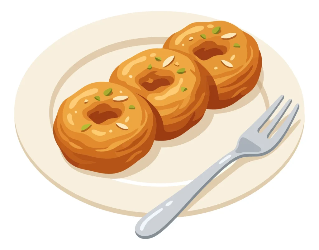 illustration of three golden brown balushahi or badusha indian sweet donuts garnished with chopped nuts on a white plate with a fork