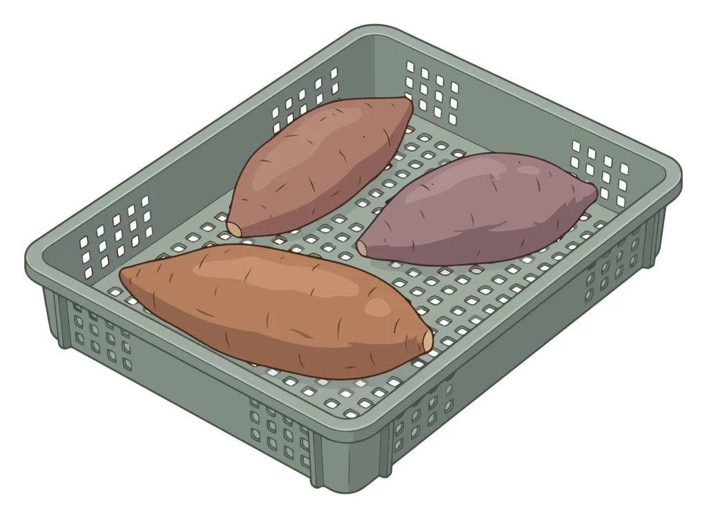 illustration of three raw sweet potatoes placed inside a grey plastic agricultural crate, isolated on white background