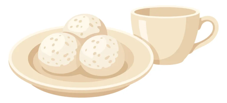 illustration of three scoops of vanilla ice cream served on a plate next to an empty coffee cup
