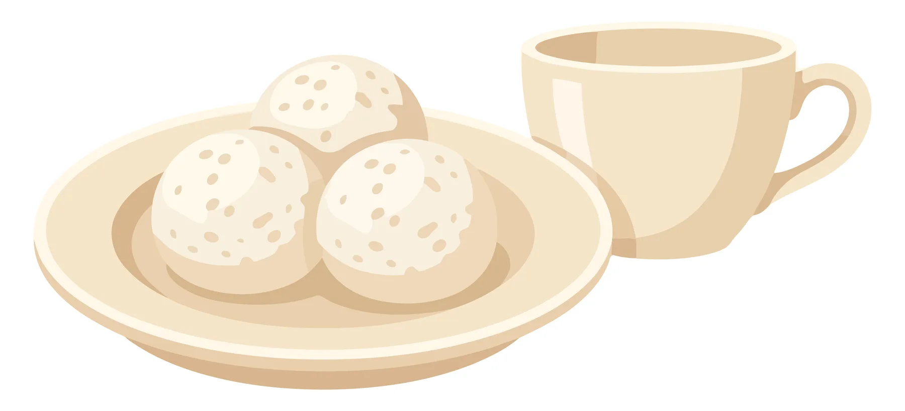 illustration of three scoops of vanilla ice cream served on a plate next to an empty coffee cup