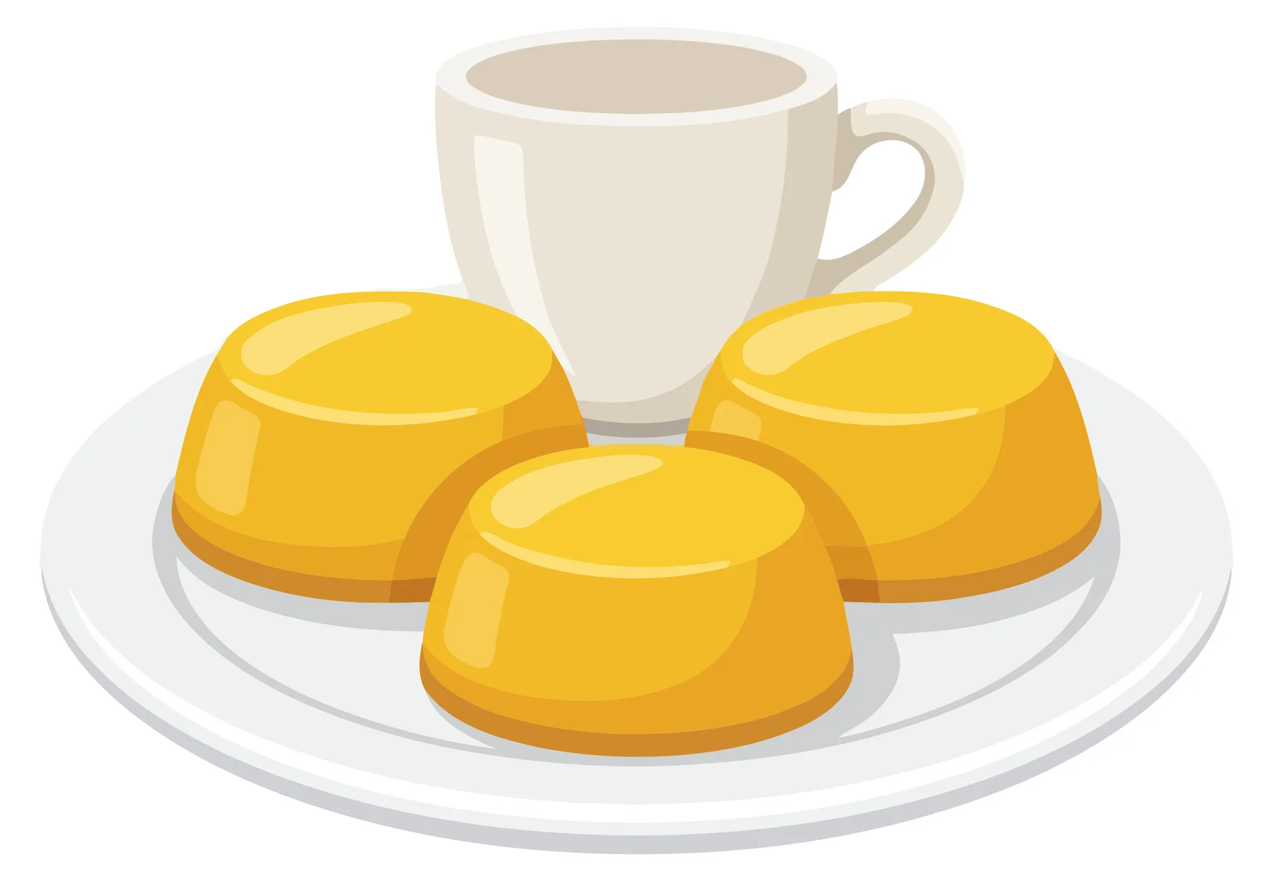 illustration of three yellow puddings or jellies served on a white plate next to a small white coffee cup