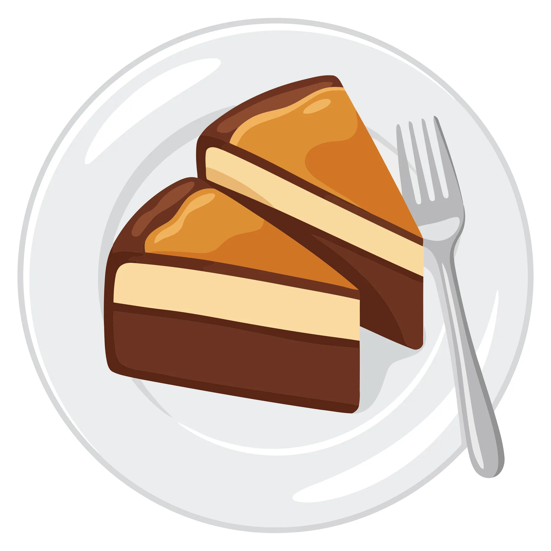 illustration of two slices of layered chocolate caramel cake on a white plate with a fork isolated on white background