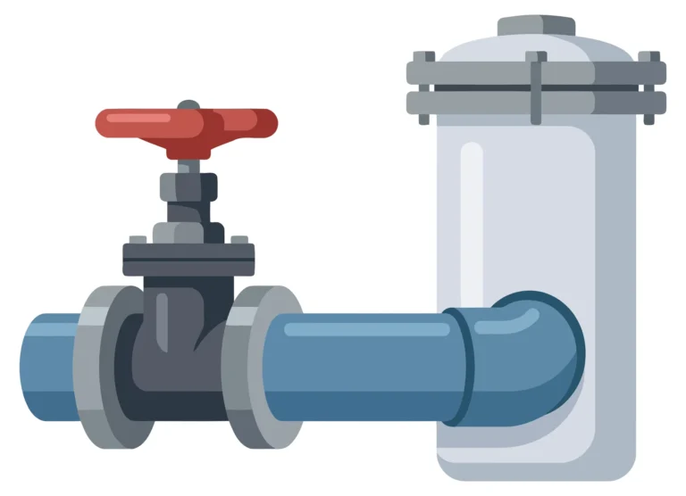 industrial pipeline system with a red gate valve and a vertical filter housing unit, vector illustration of plumbing equipment components fo