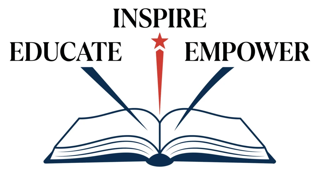 inspire educate empower typography with open book and star icon