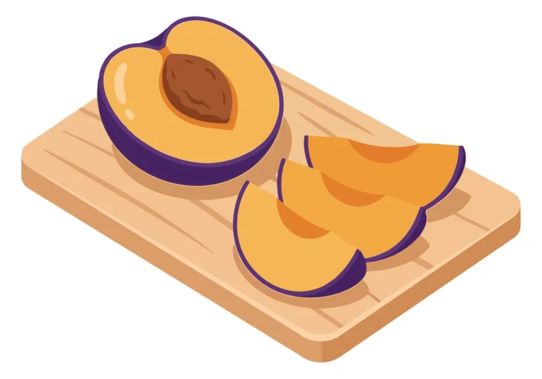 isometric cutting board with sliced fresh purple plums isolated on white background