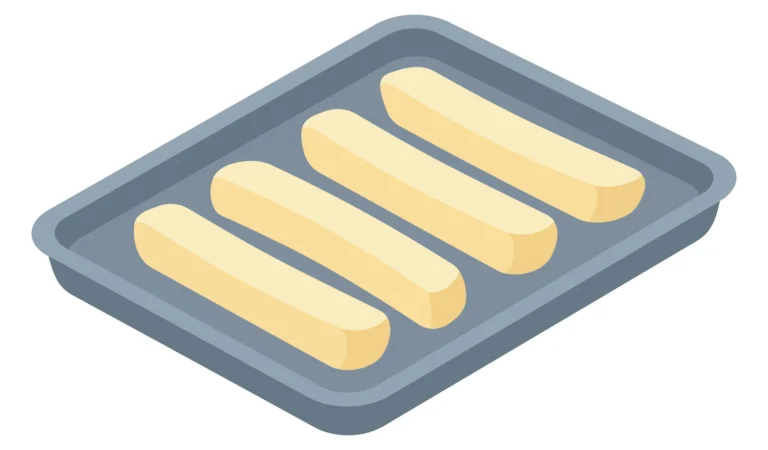 isometric illustration of a baking tray with four raw dough sticks arranged in a row, ready for baking, isolated on white background