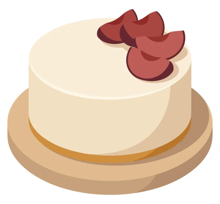 isometric illustration of a creamy cheesecake topped with fresh plum slices served on a wooden plate, simple flat design style