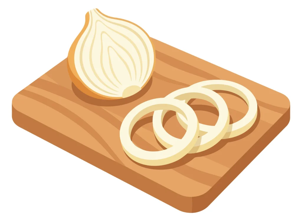 isometric illustration of a halved onion and sliced onion rings on a wooden cutting board