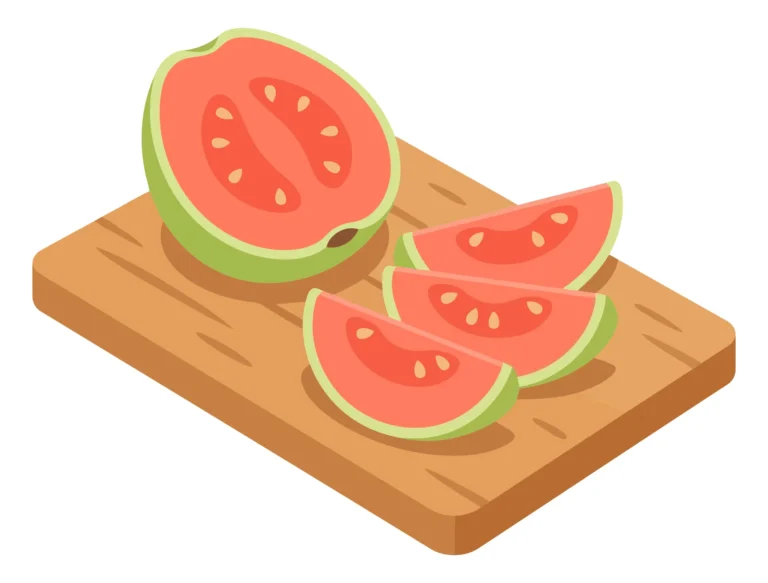 isometric illustration of a sliced pink guava fruit on a wooden cutting board