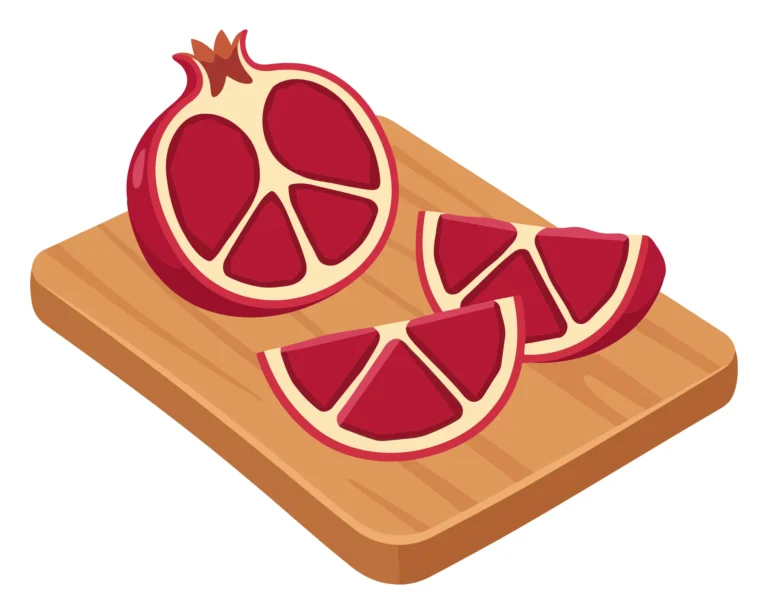 isometric illustration of a sliced pomegranate with two additional fruit segments arranged on a wooden cutting board, vibrant red fruit inte