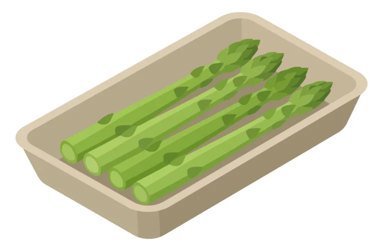 isometric illustration of a tray with fresh green asparagus stalks, healthy vegetable food ingredient for cooking, isolated on white backgro