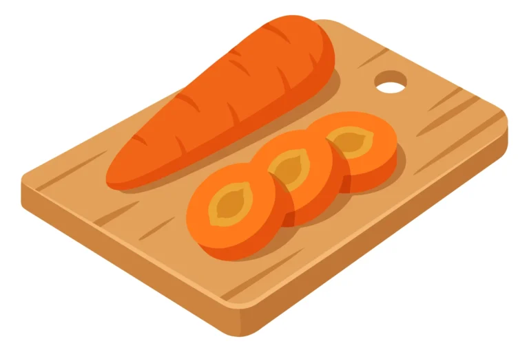 isometric illustration of a whole fresh carrot and three sliced carrot rounds on a wooden cutting board