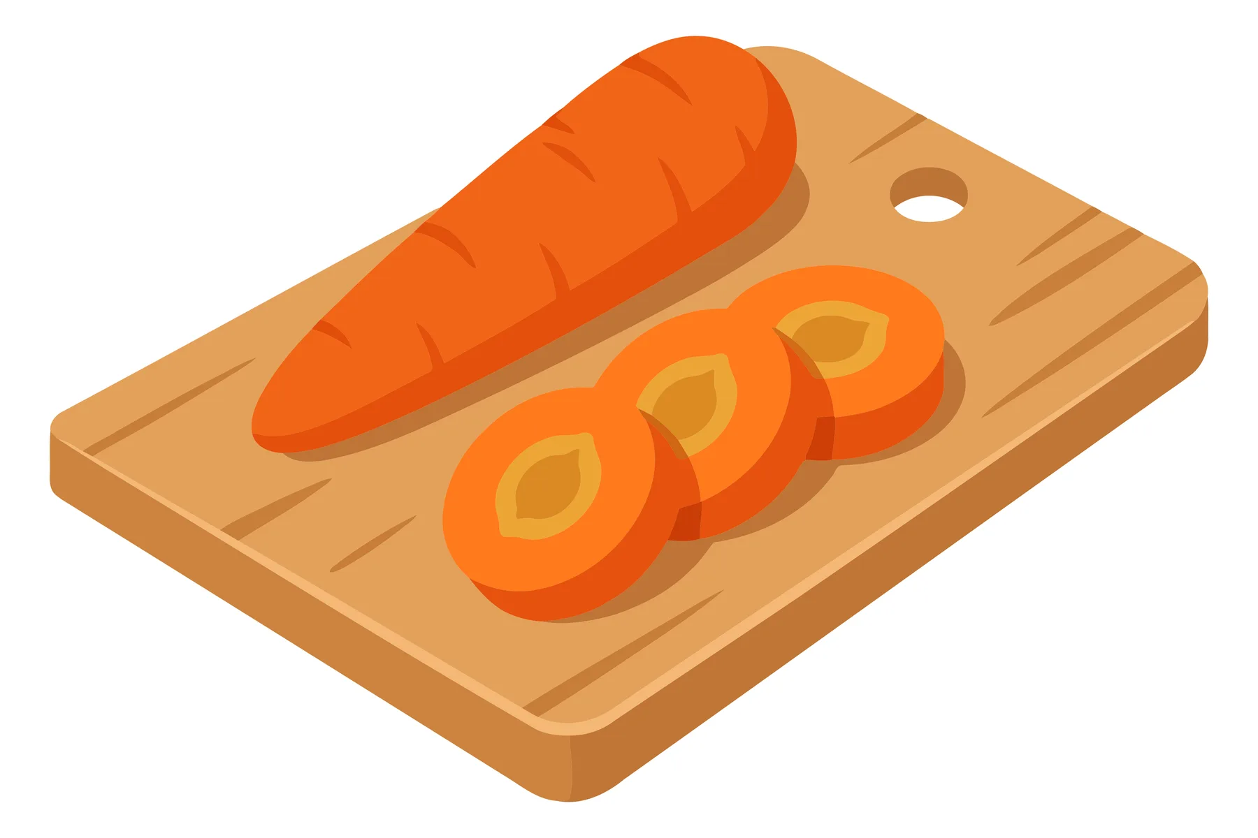 isometric illustration of a whole fresh carrot and three sliced carrot rounds on a wooden cutting board