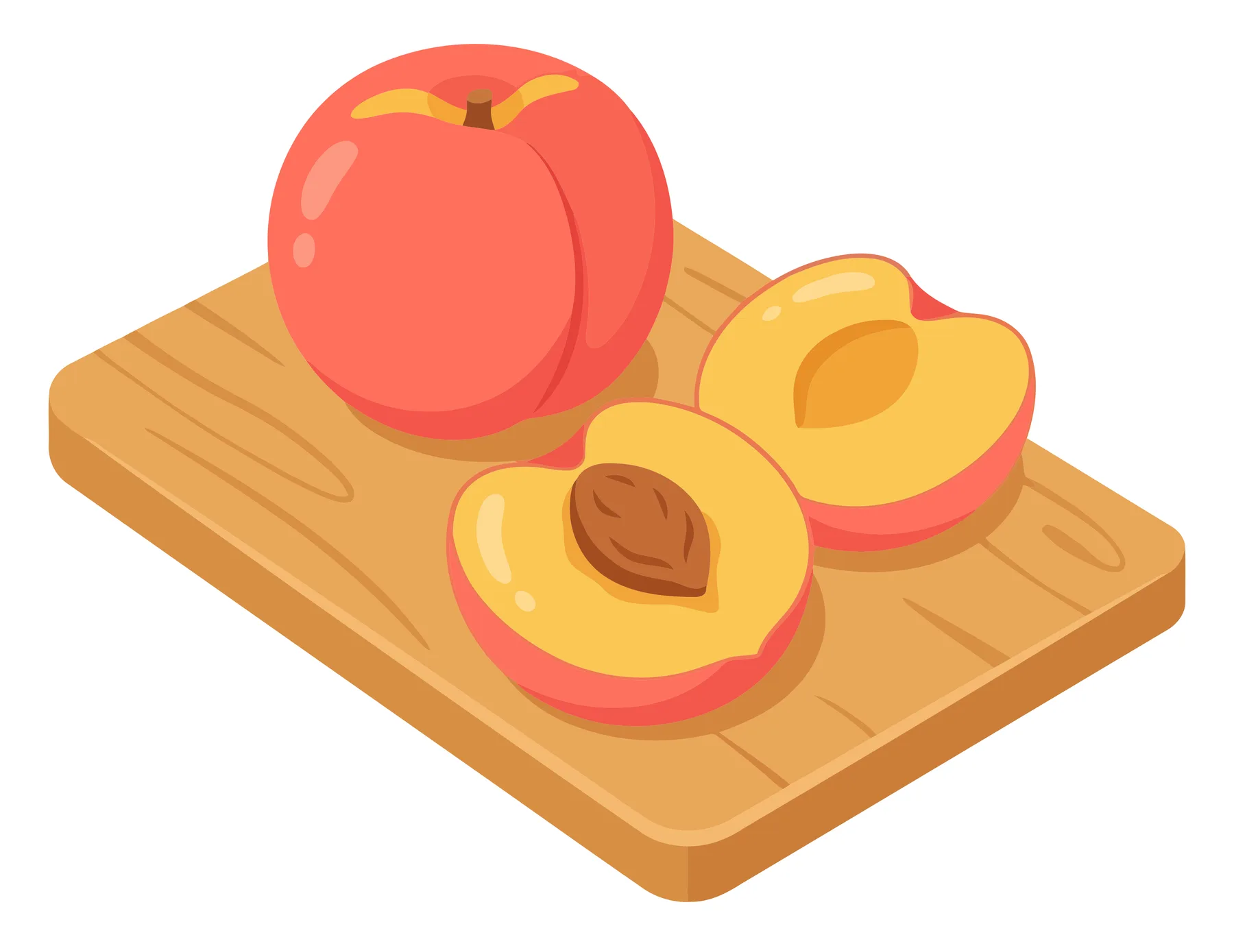 isometric illustration of a whole peach and two sliced halves with a pit on a wooden cutting board