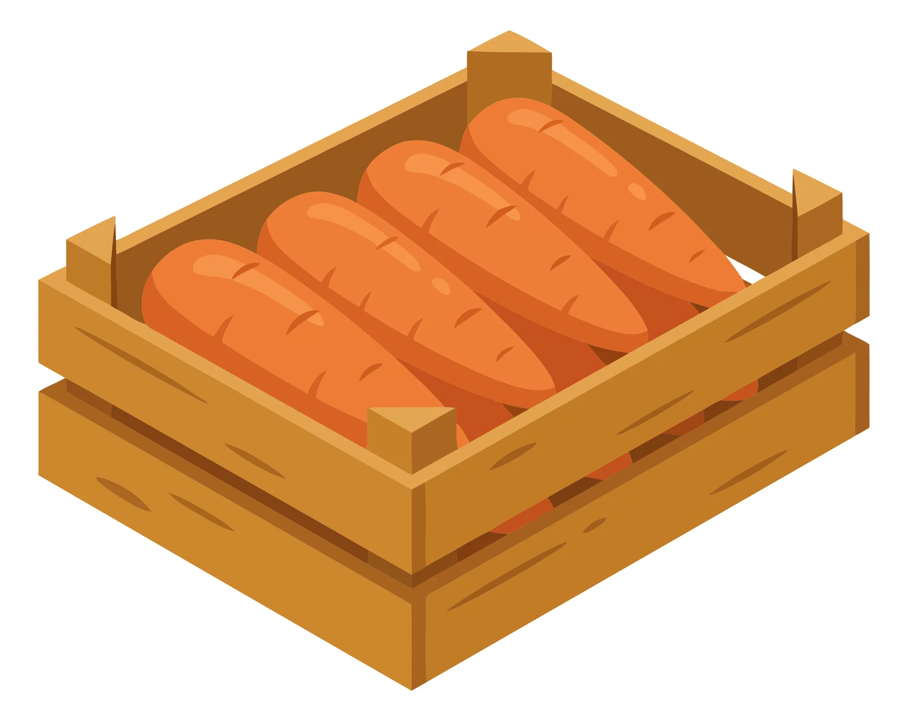 isometric illustration of a wooden crate filled with fresh orange carrots, agricultural harvest container, organic vegetable produce for mar