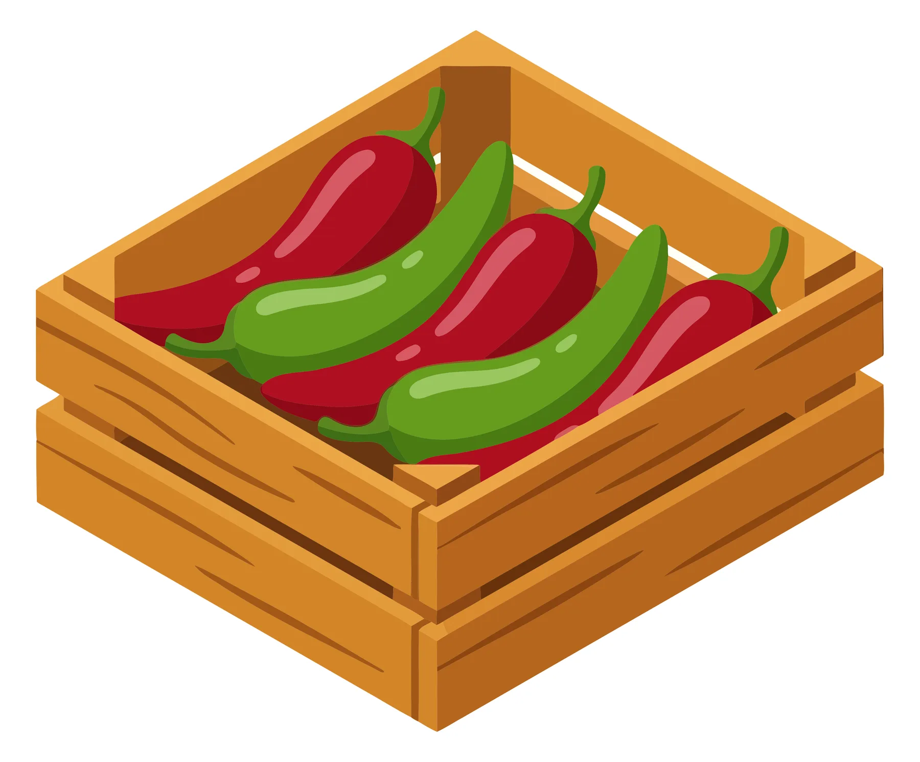isometric illustration of a wooden crate filled with fresh red and green chili peppers, vibrant vegetable harvest concept for agricultural o