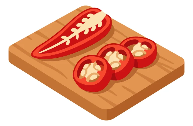 isometric illustration of a wooden cutting board with a sliced red chili pepper and three chili rings