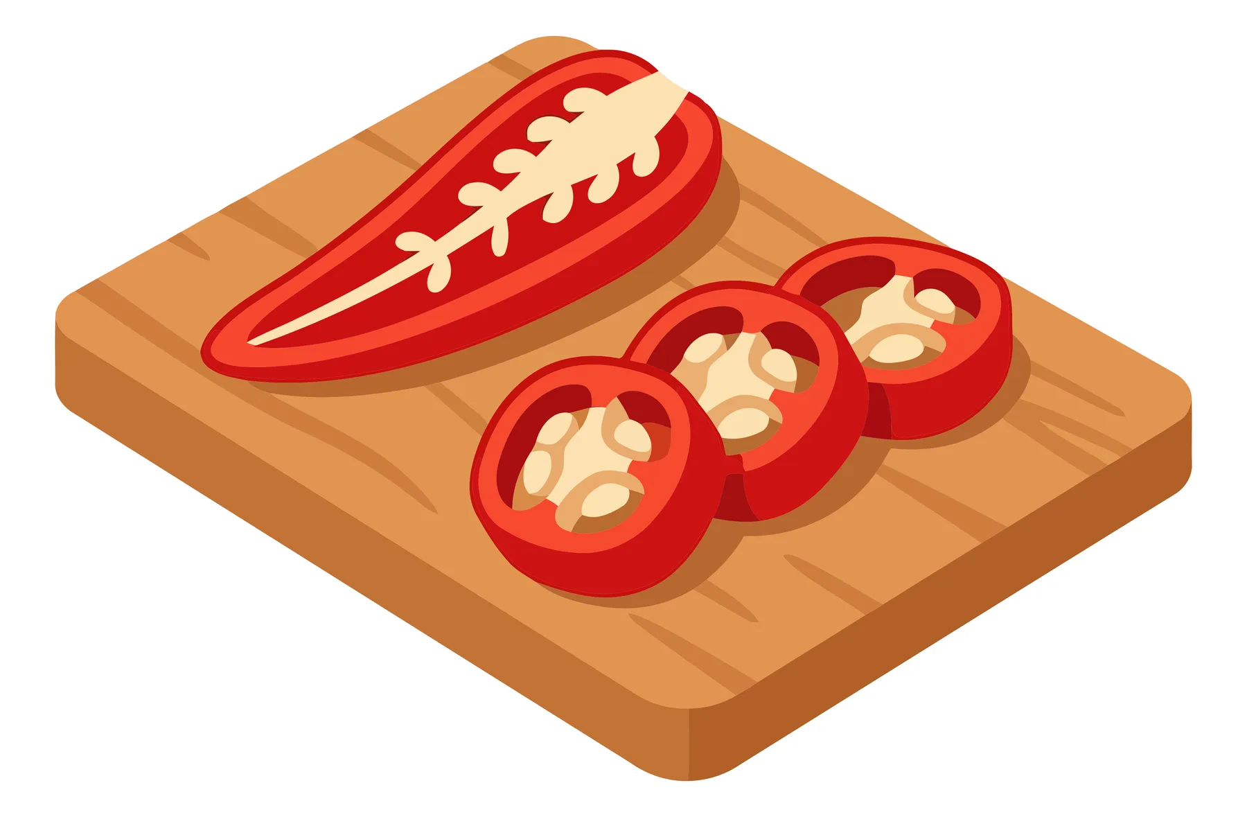 isometric illustration of a wooden cutting board with a sliced red chili pepper and three chili rings