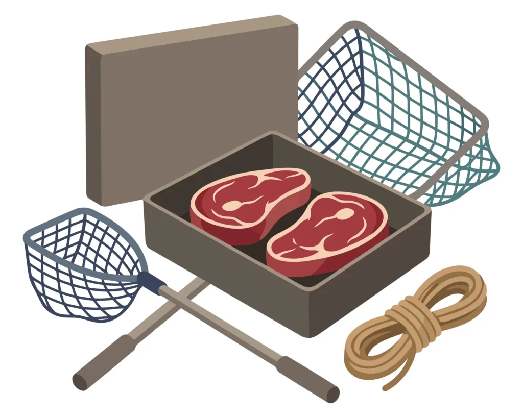 isometric illustration of raw steaks in a container with fishing nets and a rope