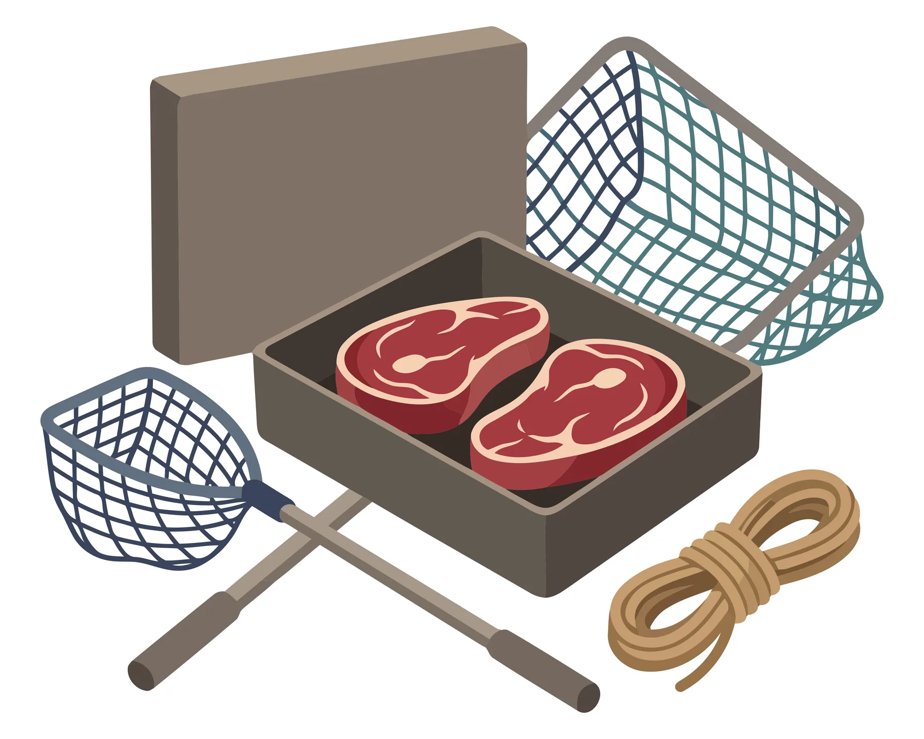 isometric illustration of raw steaks in a container with fishing nets and a rope