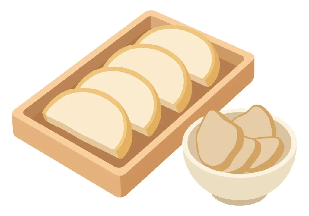 isometric illustration of traditional sliced bread in a wooden tray with a small bowl of crackers isolated on white background