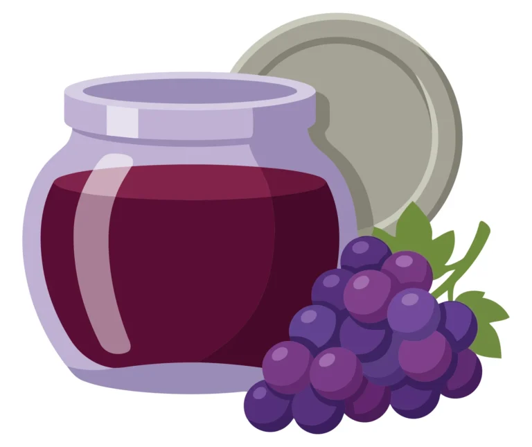 jar of grape jam with lid and fresh purple grapes isolated on white background