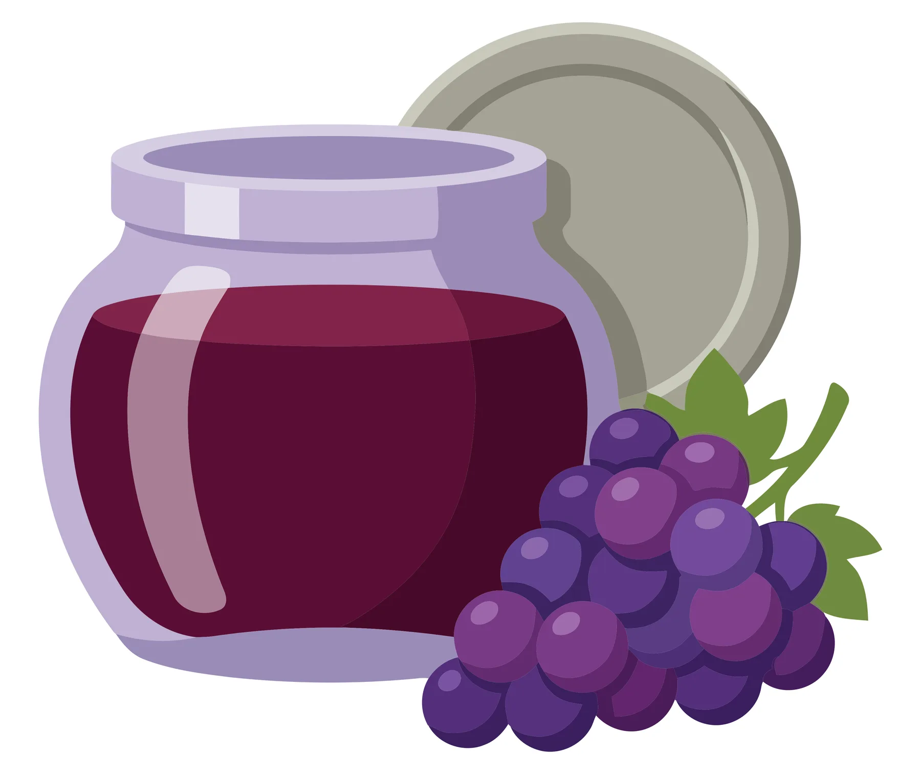 jar of grape jam with lid and fresh purple grapes isolated on white background