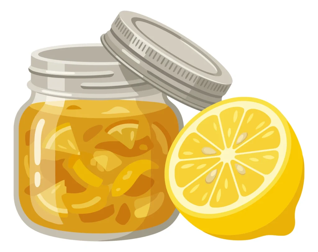 jar of lemon jam with a sliced lemon isolated on white background