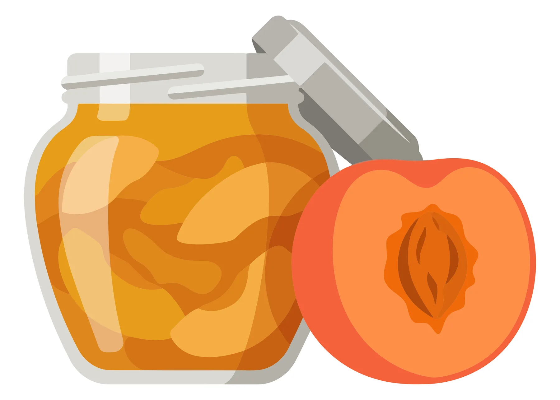 jar of peach jam with a halved peach next to it