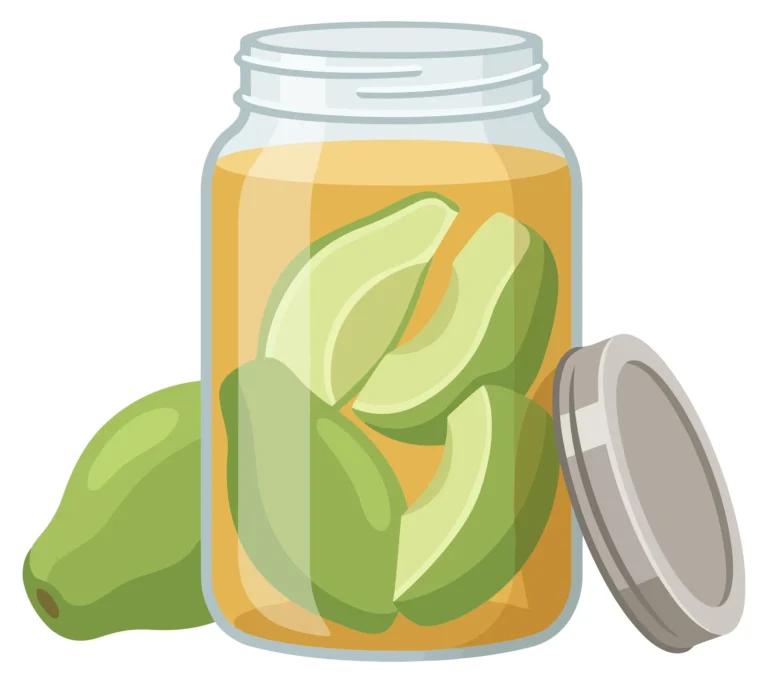 jar of pickled avocado slices with a whole avocado fruit next to it