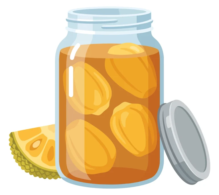 jar of pickled jackfruit bulbs in syrup with a slice