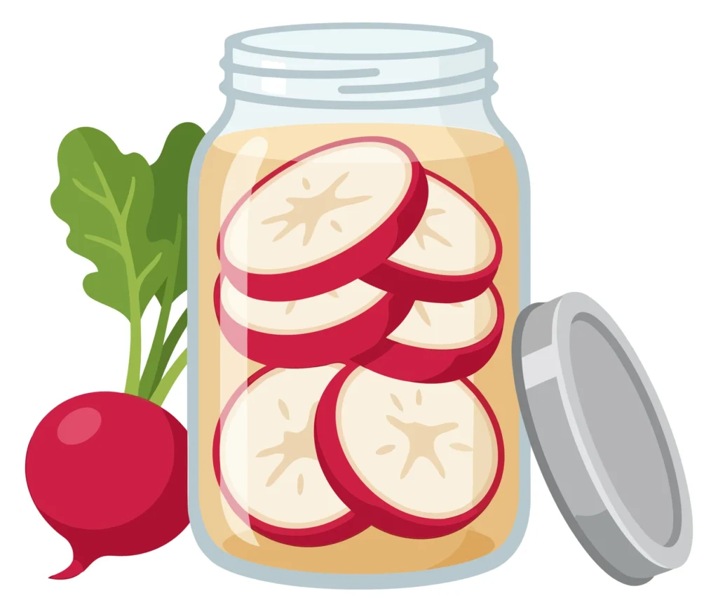 jar of pickled radish slices with a fresh whole radish with leaves