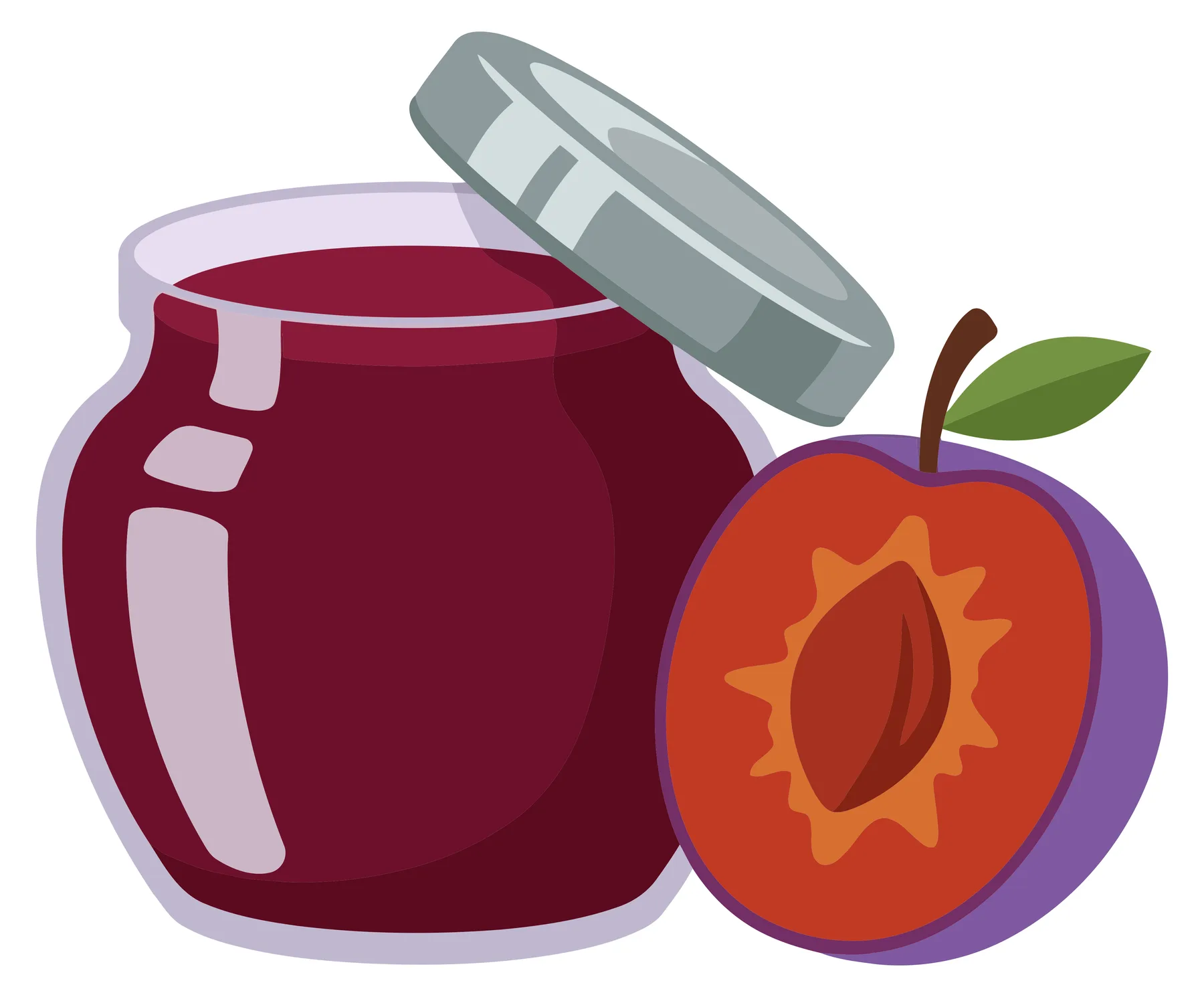 jar of plum jam with a sliced plum isolated on white background
