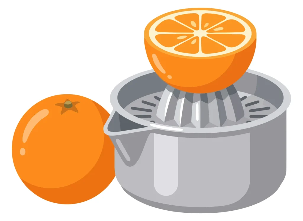 juicer with fresh orange half and whole orange isolated on white background