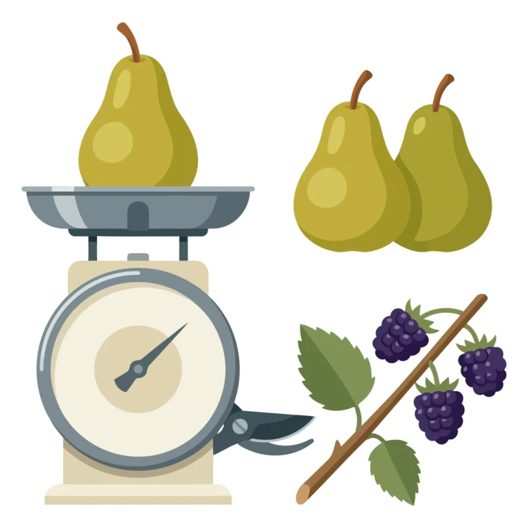 kitchen scale with a pear, two additional pears and a blackberry branch