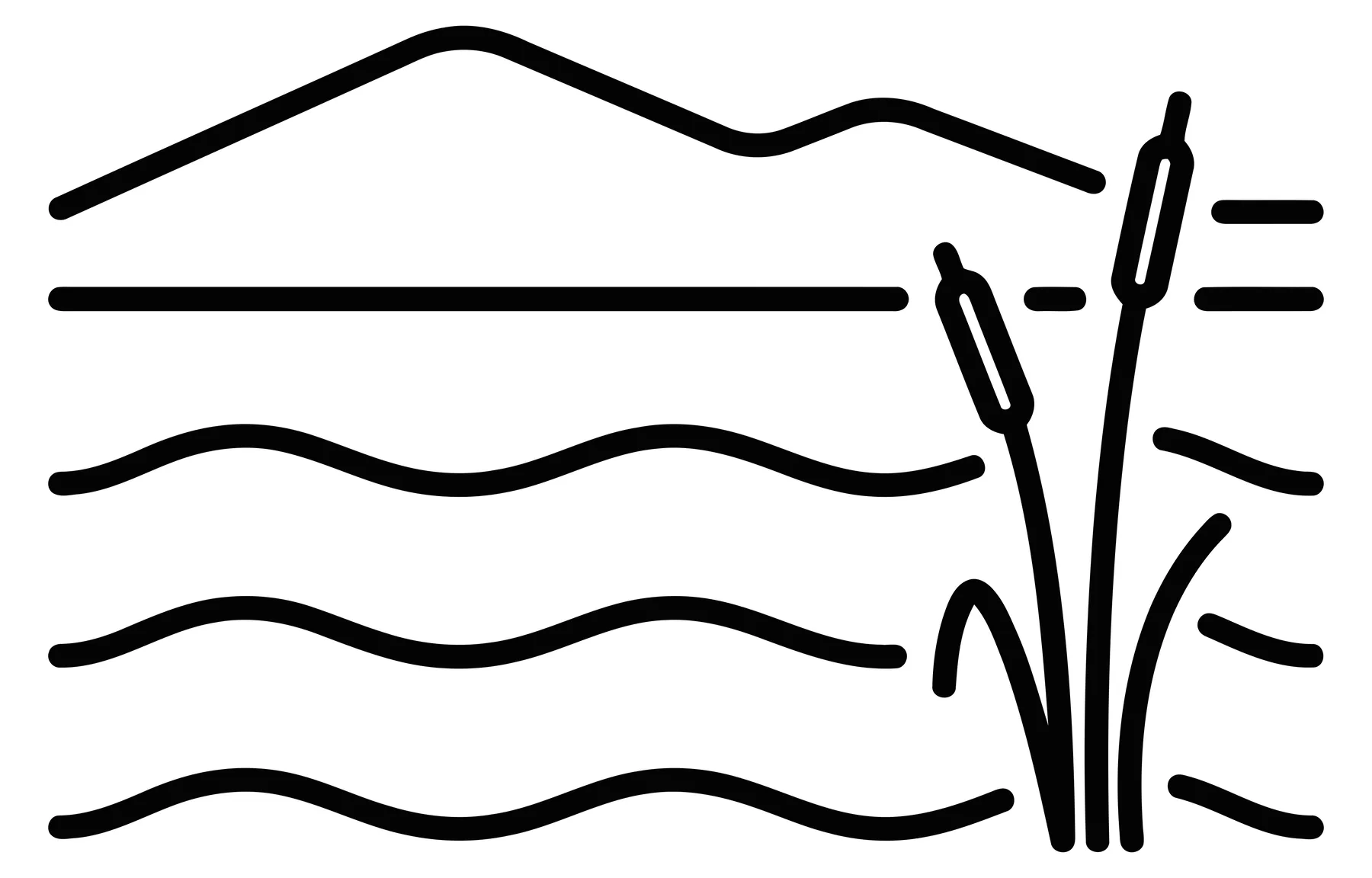 Minimalist landscape icon with lake, mountains, and cattails