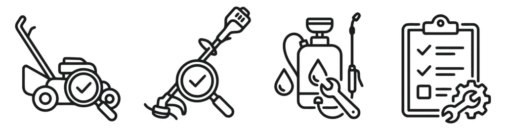 lawn care equipment maintenance and inspection icons featuring mower, trimmer, sprayer and checklist