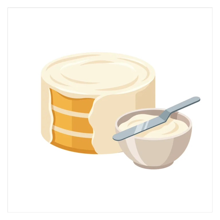 layer cake being frosted with white cream using a metal spatula, bowl of frosting next to the cake, isolated on white background
