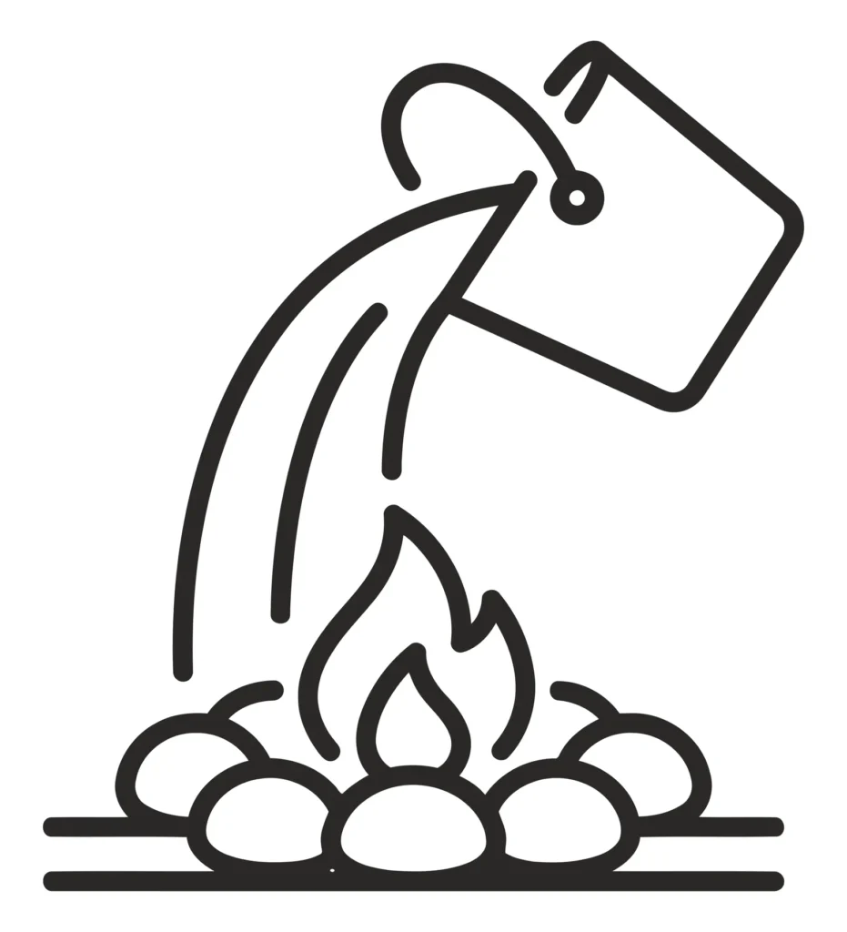 line art icon of a bucket pouring water on a campfire