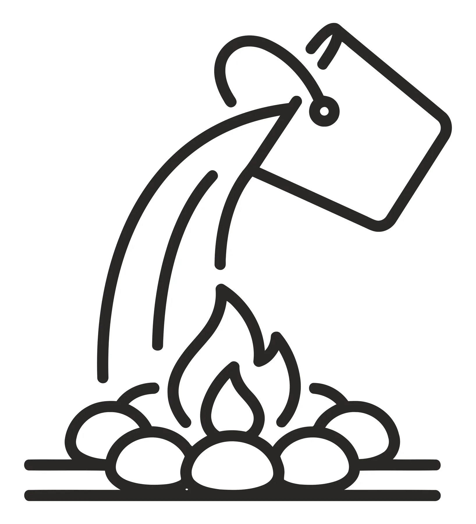 Line Art Icon of Bucket Pouring Water on Campfire