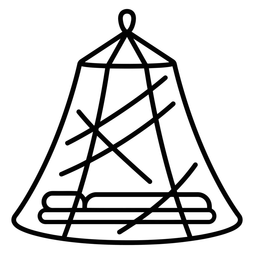 line art icon of a mosquito net over a sleeping mat