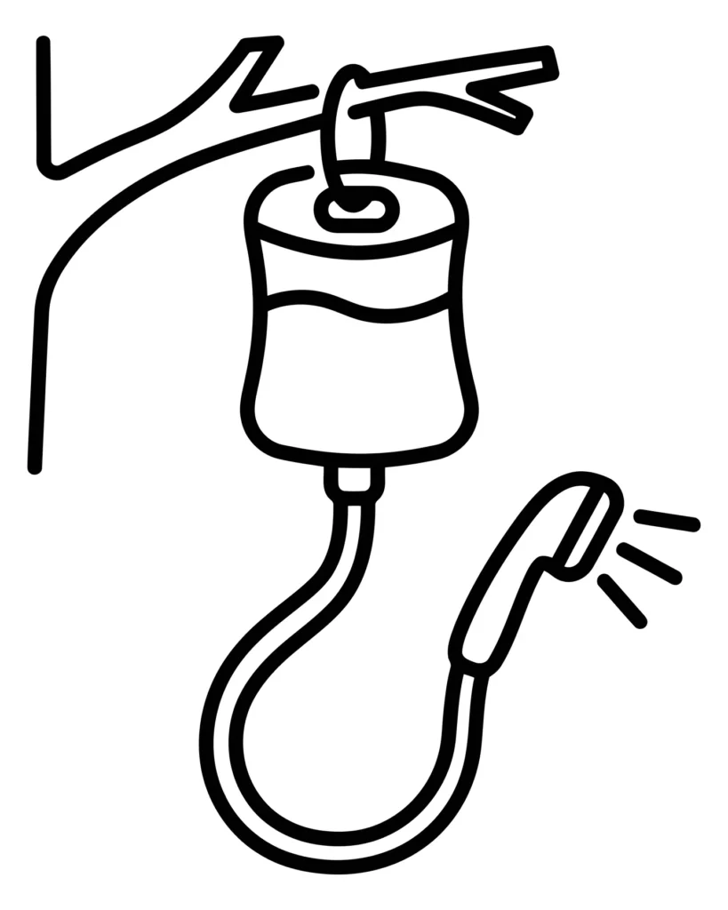 line art icon of a portable camping shower hanging from a tree branch