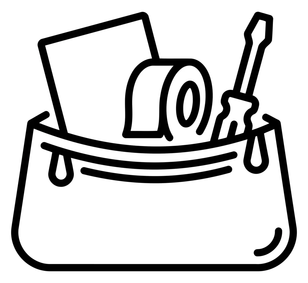 line art icon of a tool bag containing a screwdriver and a roll of tape