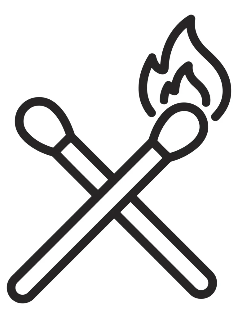 line art icon of two crossed matches, one lit with a flame