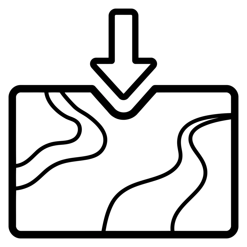 line art icon representing a river confluence or junction with an arrow