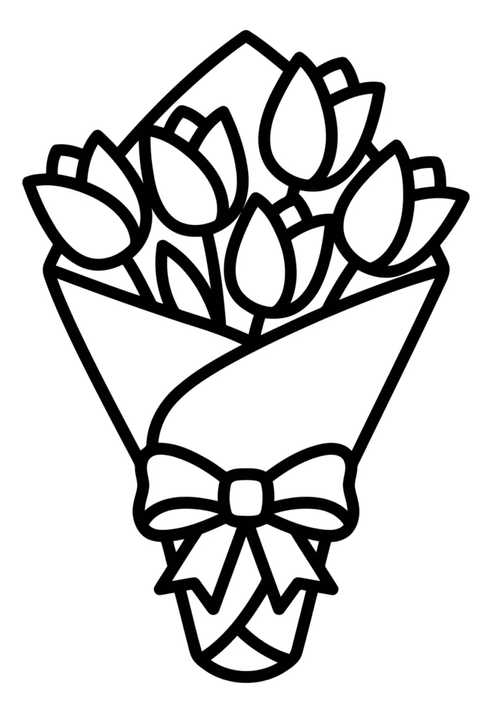 line art illustration of a beautiful bouquet of tulips wrapped in paper with a ribbon bow