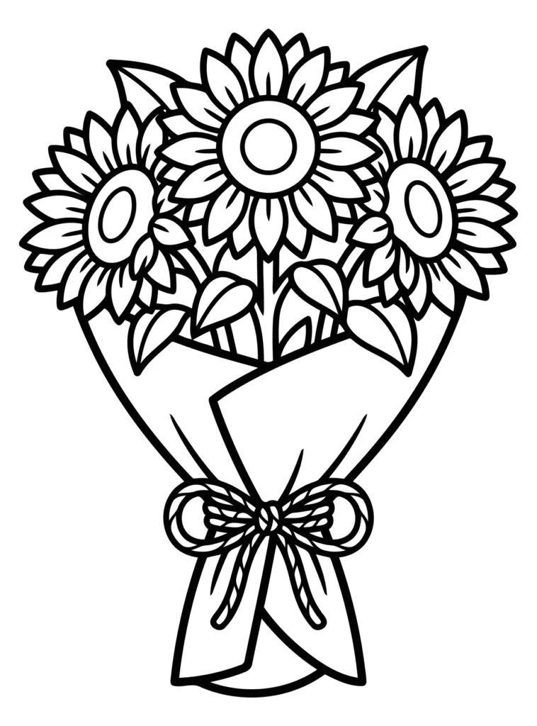 line art illustration of a bouquet of sunflowers wrapped in paper with a decorative ribbon bow