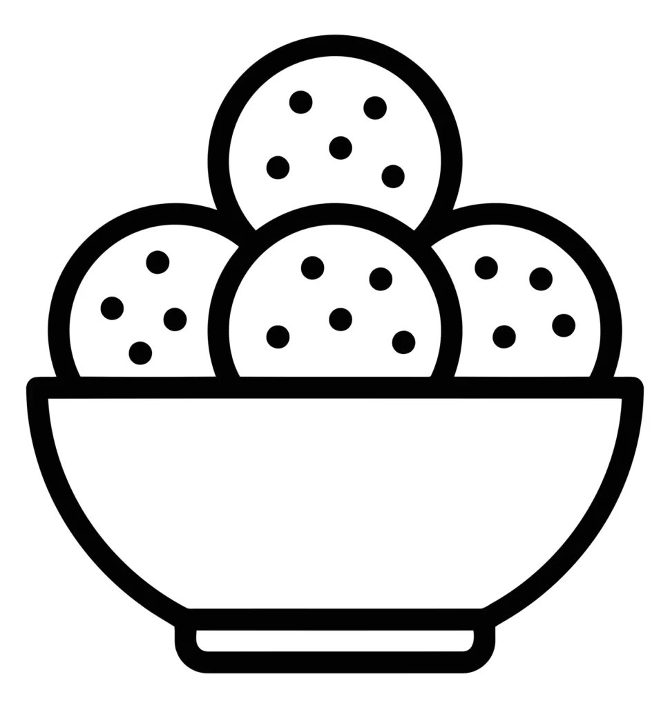 Black and white line art bowl of meatballs or dumplings line art illustration of a bowl filled with round food items like meatballs or dumplings